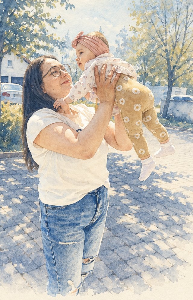 Arabella Sadiku hebt ihr Baby lachend in die Luft, gemalt im Aquarell-Stil